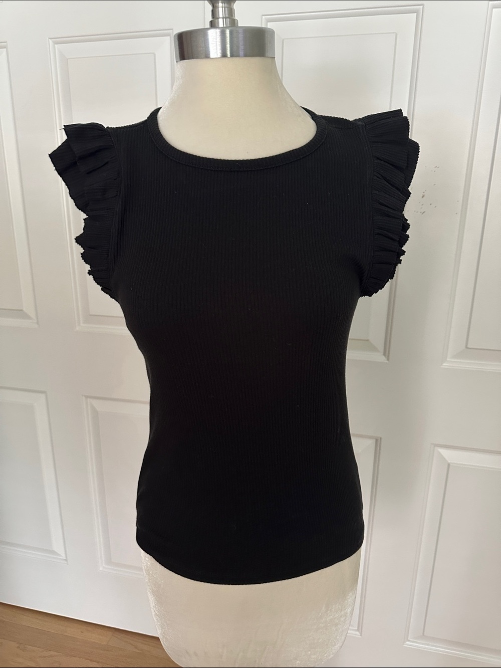 J. Crew Black Ruffled Sleeve Ribbed Tank, Size S